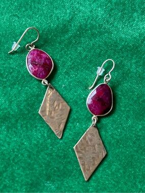Handmade Stone Drop Earrings with Hammered Brass Diamonds